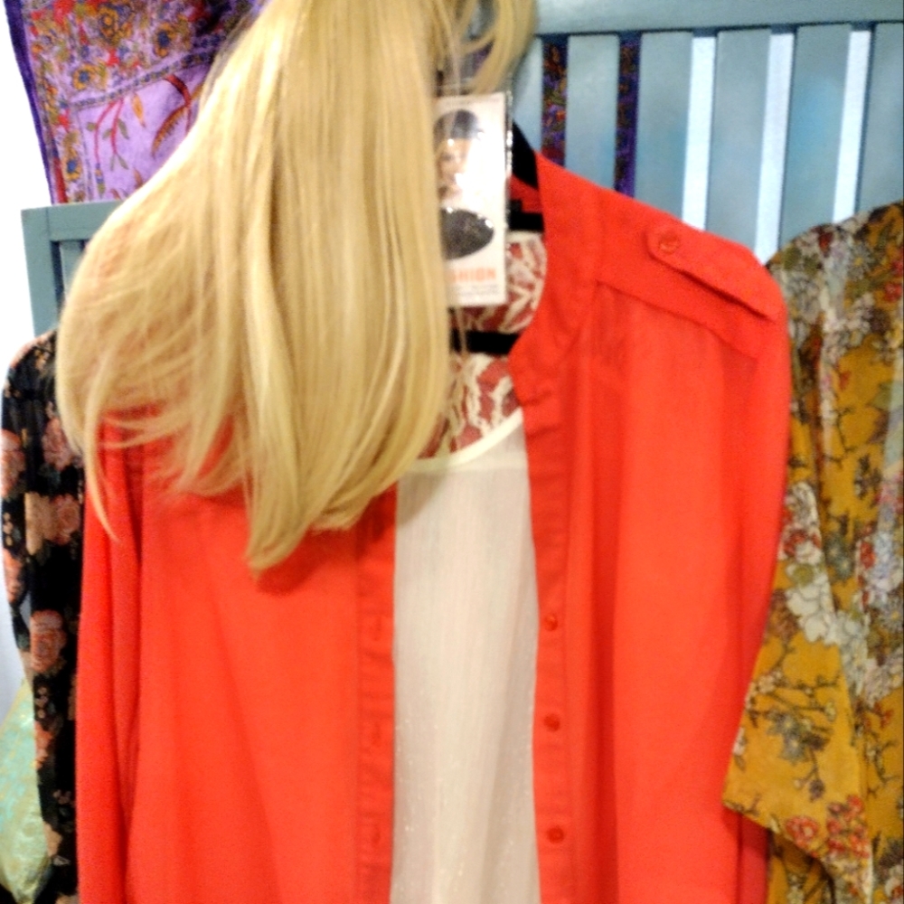 White blouse w/ shear coral cover up